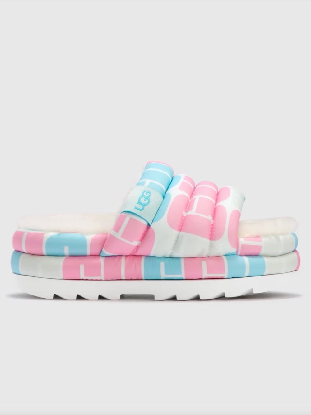 UGG Slipper Maxi Slide Pride Logo Sz 9 Platform Puffed Slip On Fluff Pink NEW